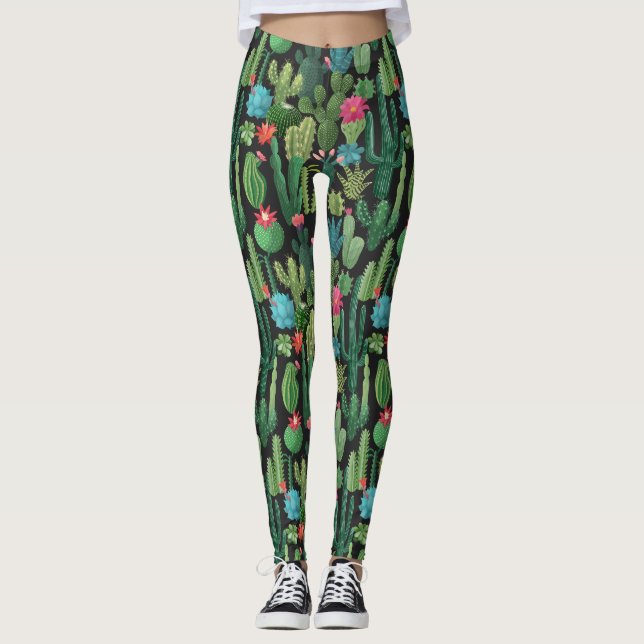 Legging Padrão de Colheita Verde de Cactos (Frente)
