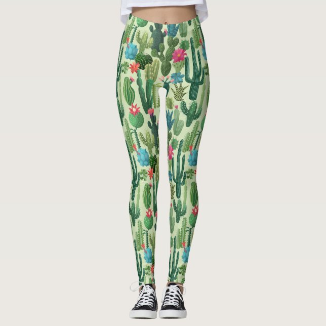 Legging Padrão de Colheita Verde de Cactos (Frente)