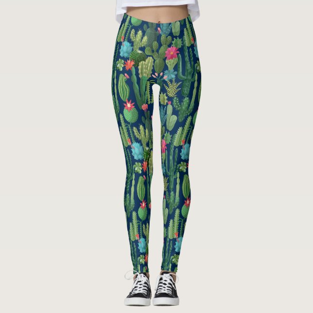Legging Padrão de Colheita Verde de Cactos (Frente)