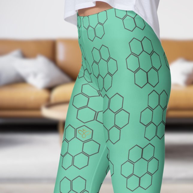 Legging Padrão de Colmeia de Abelhas de Mel Verde Fresca (Honey Hive on Aquamarine )
