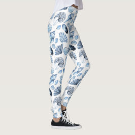 Legging Padrão de Conchas Azuis em Branco