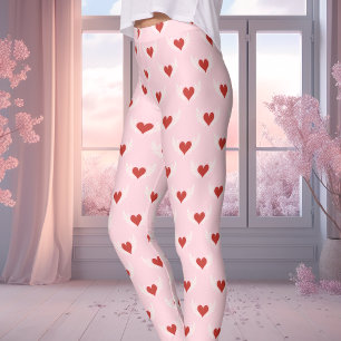 Legging Padrão de Coração Alado do Dia dos Namorados Rosa 