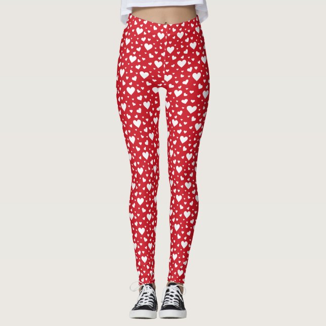 Legging Padrão de Coração Branco em Vermelho (Frente)