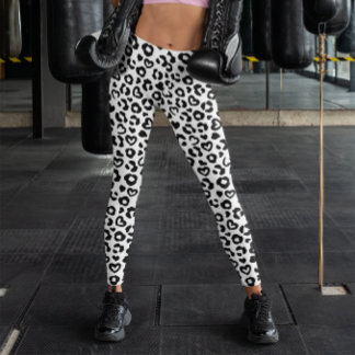 Legging Padrão de Coração de Leopardo Preto e Branco