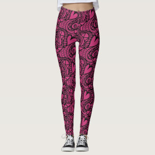 Legging Padrão de Coração Preto e Rosa a Quente