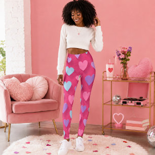 Legging Padrão de Coração Rosa Neon