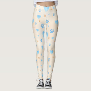 Legging Padrão de Corações Azuis e Impressões de Pata de C