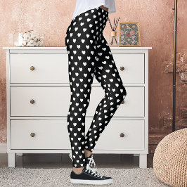 Legging Padrão de Corações Brancos de Preto Bonito