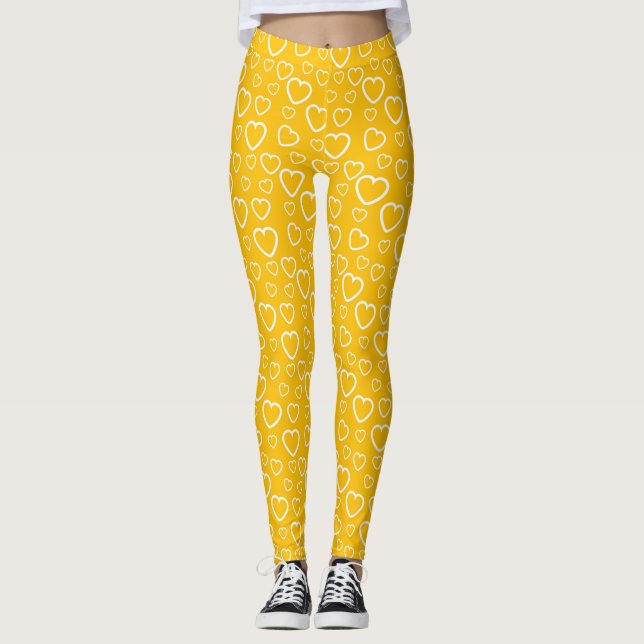 Legging Padrão de Corações de Amor Amarelos e Brancos (Frente)