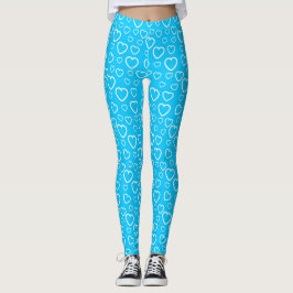 Legging Padrão de Corações de Amor Azul e Branco Médio