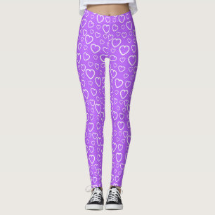 Legging Padrão de Corações de Amor Roxo e Branco