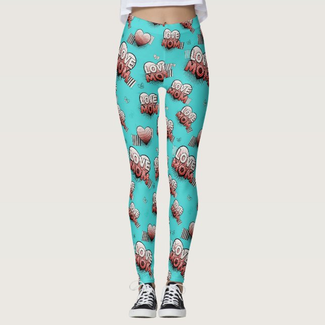 Legging Padrão de Corações de Mãe em Arte Pop Turquesa (Frente)