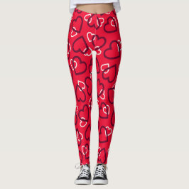 Legging Padrão de Corações Desenhados Aleatórios Vermelhos
