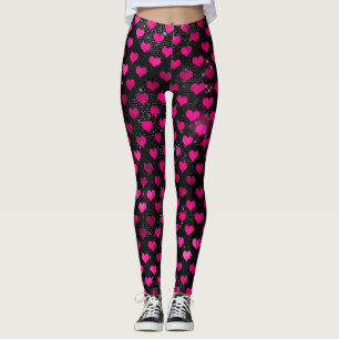 Legging Padrão de Corações do Glam Negro e Rosa Brilhante