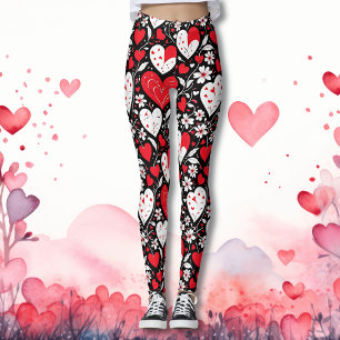 Legging Padrão de Corações e Flores Vermelhas, Pretas e Br