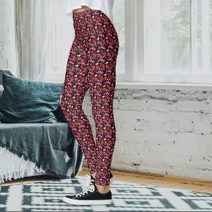 Legging Padrão de Corações Vermelhos e Rosas Pretos Amor