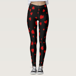 Legging Padrão de Corações Vermelhos em Preto