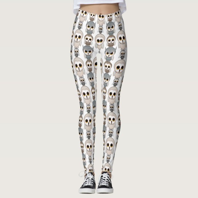 Legging Padrão de Corujas Fofas em Branco (Frente)