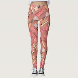 Legging Padrão de Cosméticos de Maquiagem Rosa com Brilho