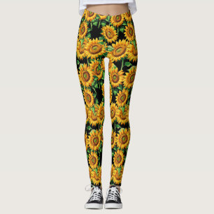 Legging Padrão de Cottagecore Floral de Girassol Negro