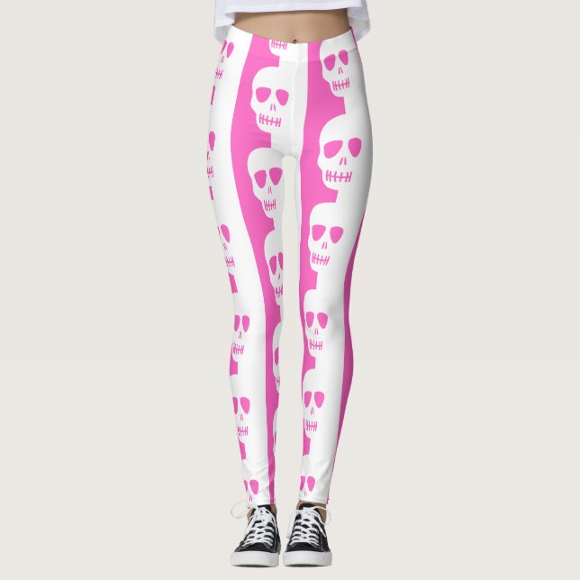 Legging Padrão de crânios branco e rosa (Frente)