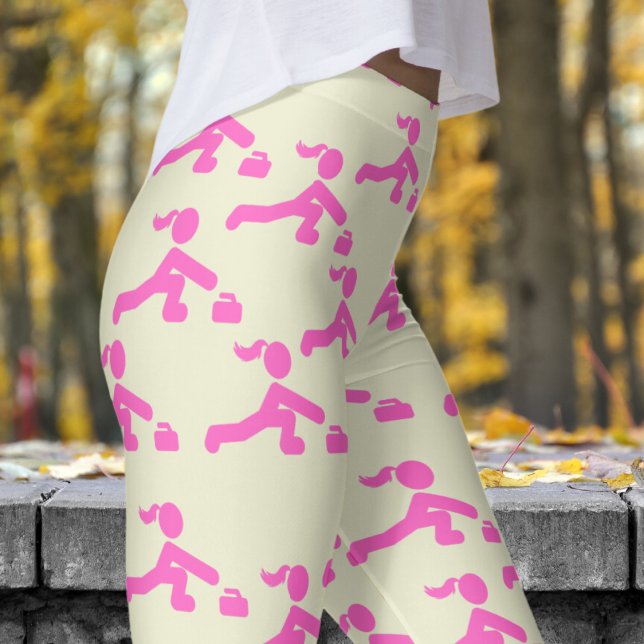 Legging Padrão de Curling das Mulheres Amarelas e Rosa Div (Womens Curling on Light Yellow Leggings)