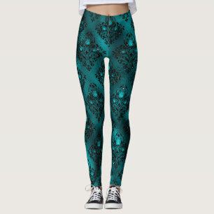 Legging Padrão de Damasco com Glitter Glam em Tom de Azul-