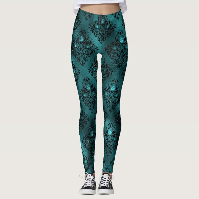 Legging Padrão de Damasco com Glitter Glam em Tom de Azul- (Frente)