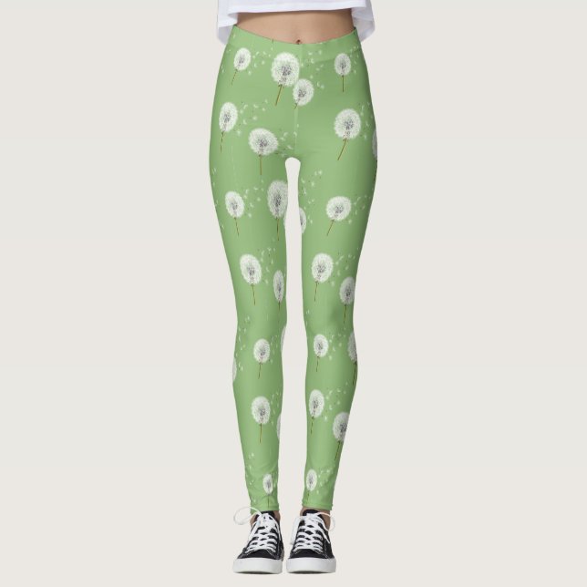 Legging Padrão de Dandelion em tela de fundo verde (Frente)