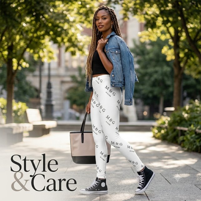 Legging Padrão de Data de Monograma Personalizado Branco E (Custom Monogram Date Pattern Stylish White Leggings)
