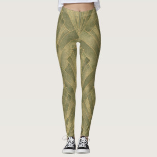 Legging Padrão de Deco de Arte Verde e Dourada