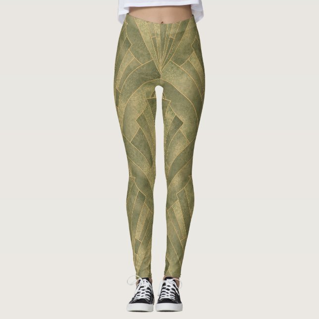 Legging Padrão de Deco de Arte Verde e Dourada (Frente)