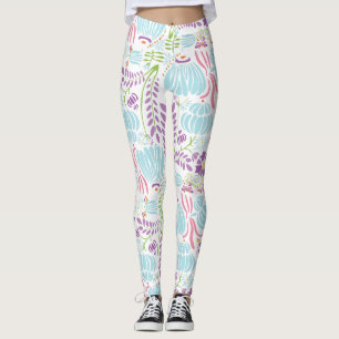 Legging Padrão de Deco de Coral Cor-de-Rosa Floral Verde e
