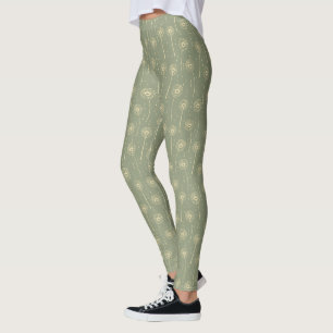 Legging padrão de dentes-de-leão boêmio verde amarelo da f