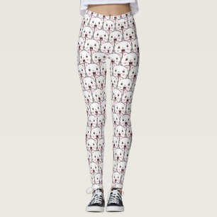 Legging Padrão de Desenho Animado de Rosto de Gato Branco