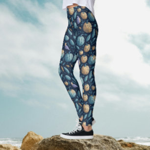 Legging Padrão de Dia das Bruxas de Abóbora Azul-Laranja W