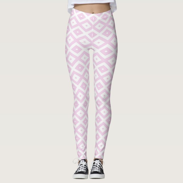 Legging Padrão de diamante branco e rosa pálido (Frente)
