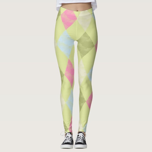 Legging Padrão de Diamante de Argyle Azul e Rosa Verde (Frente)
