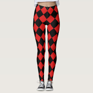 Legging Padrão de Diamante de Harlequin Preto e Vermelho V