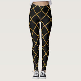 Legging Padrão de Diamante Dourado e Preto Chic