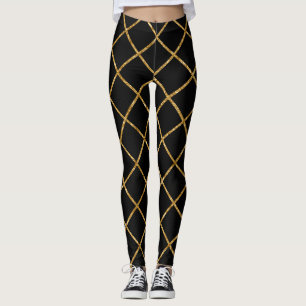 Legging Padrão de Diamante Dourado e Preto Chic