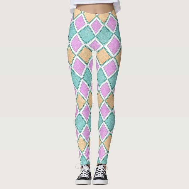 Legging Padrão de Diamante Prisma Harlequim Pastel (Frente)