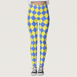 Legging Padrão de Diamante Xadrez Amarelo Azul
