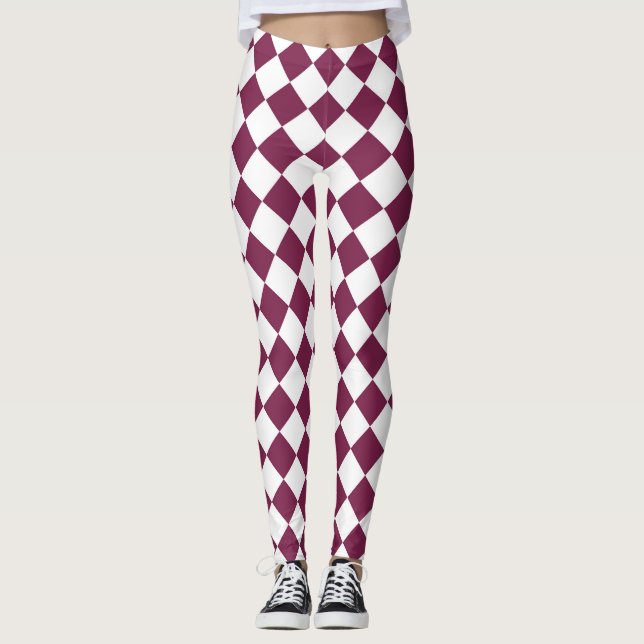 Legging Padrão de Diamante Xadrez Branco Borgonha (Frente)