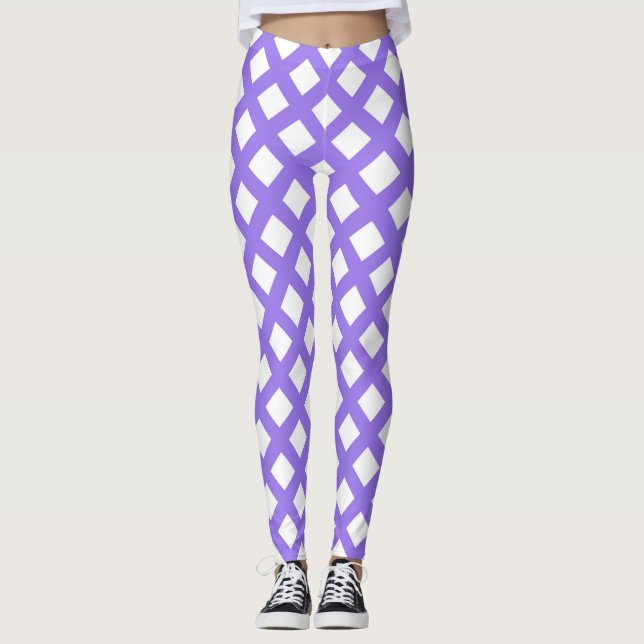 Legging Padrão de Diamante Xadrez Branco Roxo (Frente)