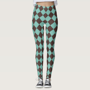 Legging Padrão de diamante xadrez em verde aqua e marrom