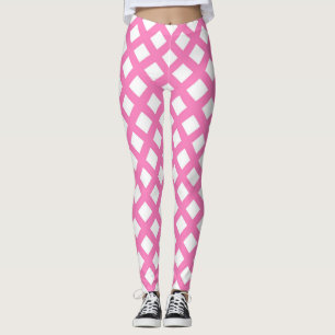 Legging Padrão de Diamante Xadrez Rosa e Branco
