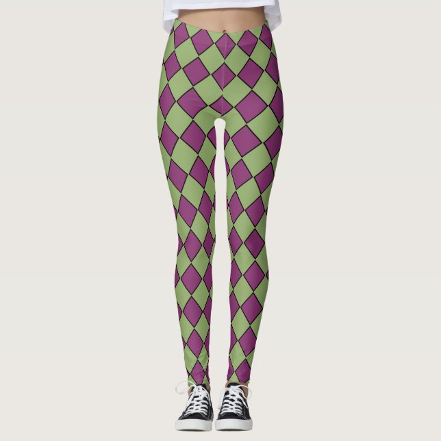 Legging Padrão de Diamante Xadrez Verde Roxo (Frente)