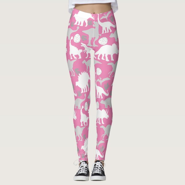 Legging Padrão de Dino Cinza L Fundo Rosa (Frente)