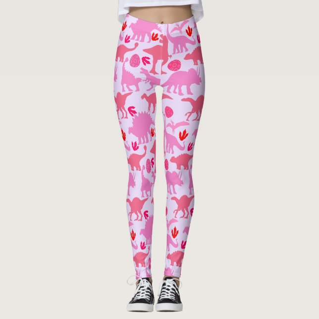 Legging Padrão de Dino Rosa L Fundo Roxo (Frente)